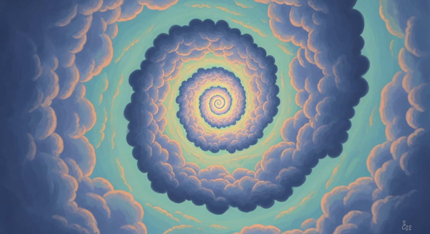 Ilustración onírica de un túnel de nubes que se repite en espiral, con tonos lavanda y azul medianoche, sin texto ni personas reales