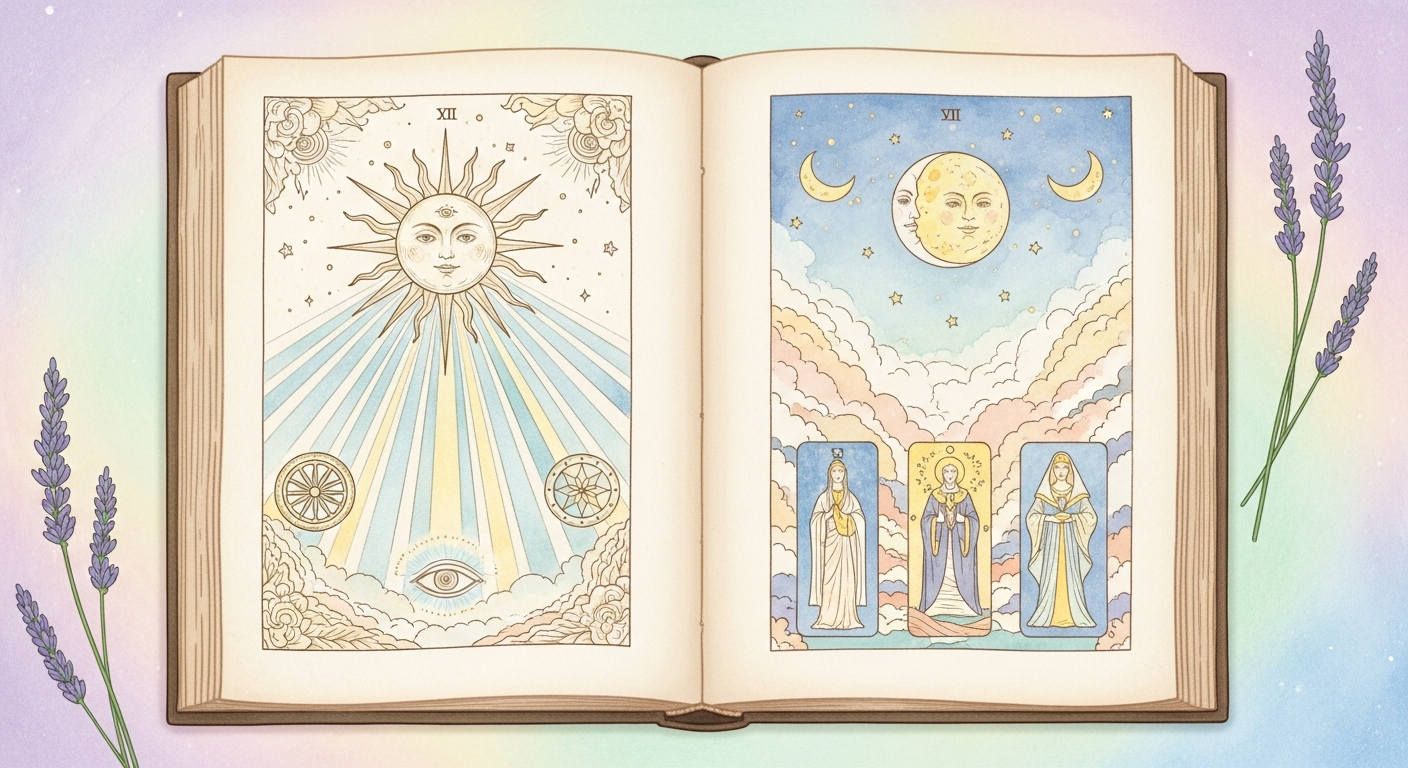 Evocación visual de un libro antiguo abierto con ilustraciones simbólicas, referencia al texto de Antoine Court de Gébelin, Le Monde primitif, vol. VIII (1781), que inauguró la lectura esotérica del tarot.