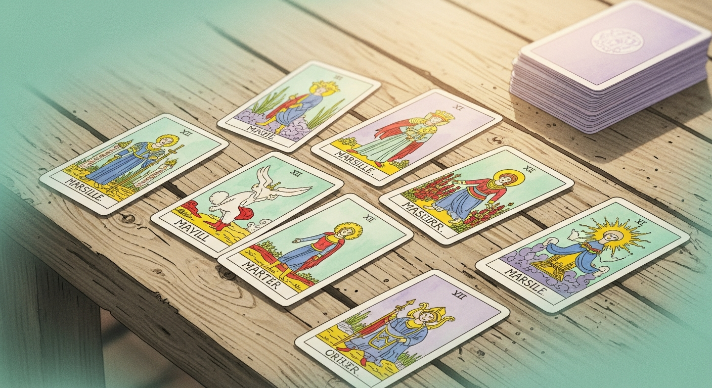 Ilustración de cartas de tarot estilo Marsella dispuestas sobre una mesa de madera, con colores azul, rojo y dorado, sin texto ni personas reales