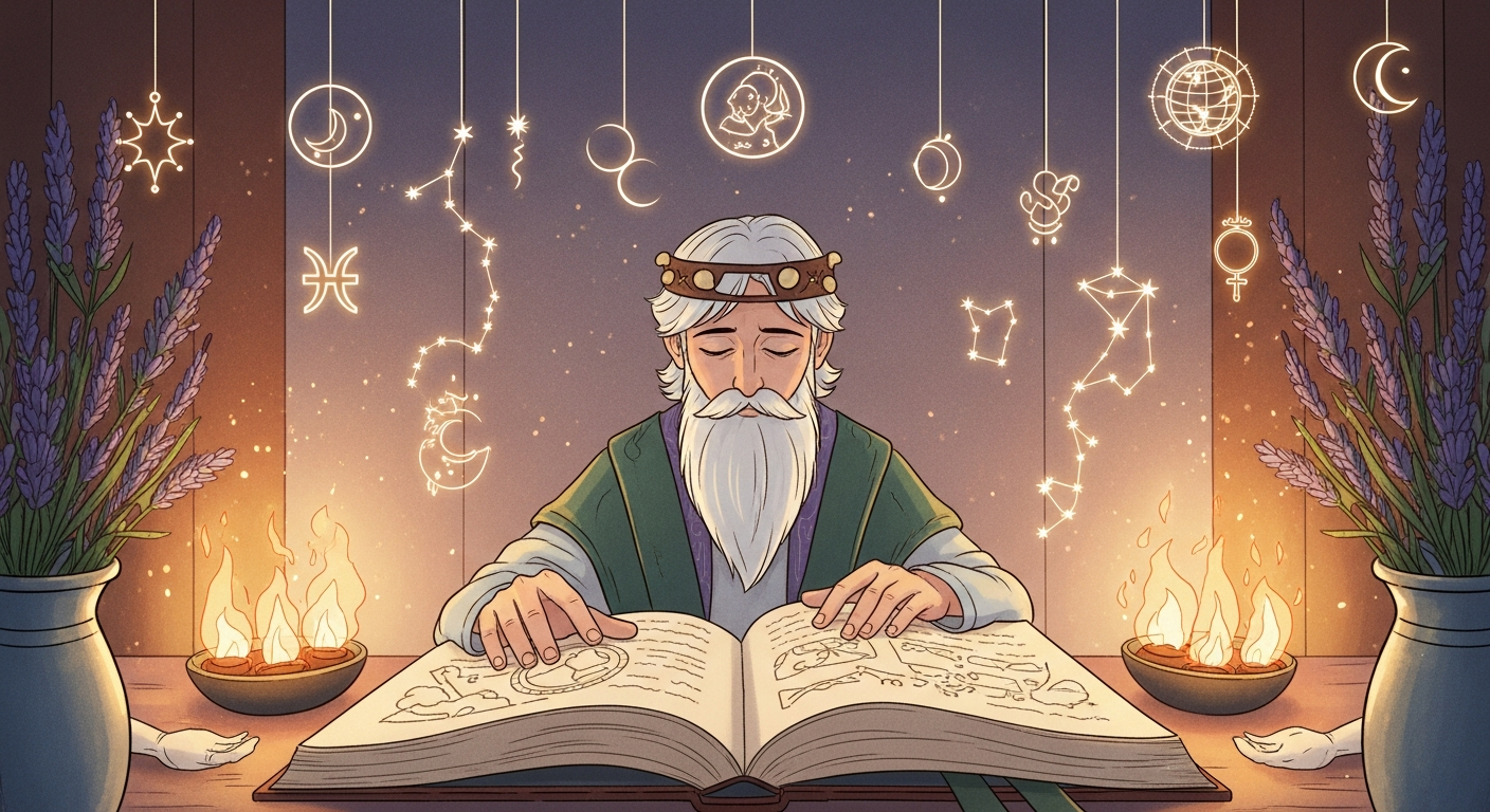 Illustration stylisée d'un astrologue provençal médiéval penché sur un grand livre ouvert, entouré de symboles célestes et de bougies, ambiance Renaissance chaleureuse
