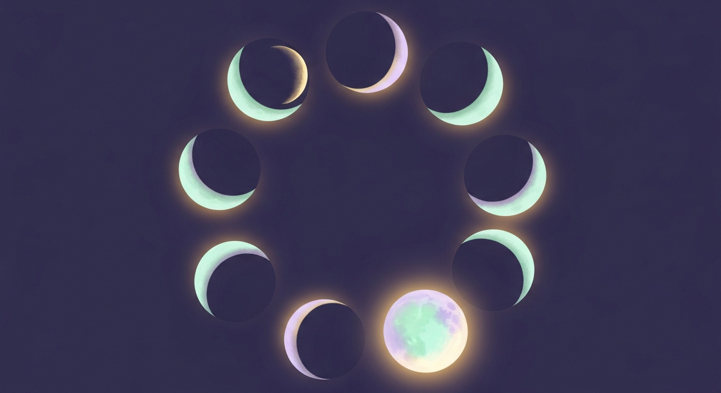 Illustration stylisée des huit phases de la Lune disposées en cercle sur fond de ciel nocturne indigo, sans texte