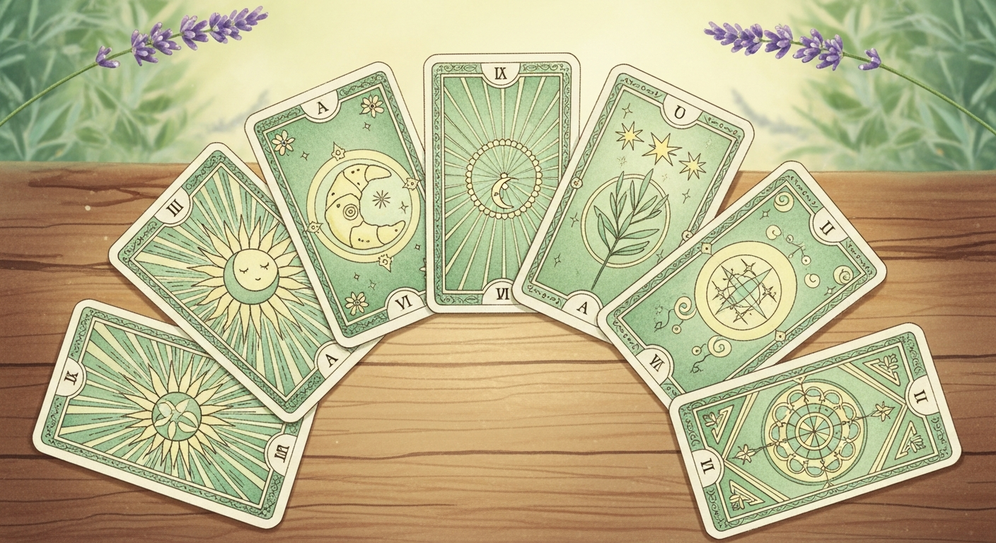 Illustration stylisée de cartes de tarot anciennes disposées en éventail sur une table en bois, avec des motifs géométriques dorés évoquant le XVe siècle européen, sans texte ni personnages réels