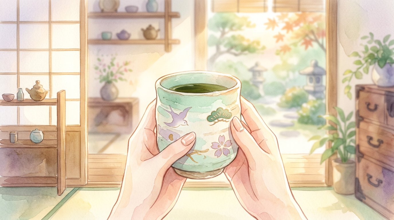 朝の光の中で湯呑みを持つイメージ。日常のお茶の時間に根づいた縁起担ぎの文化。