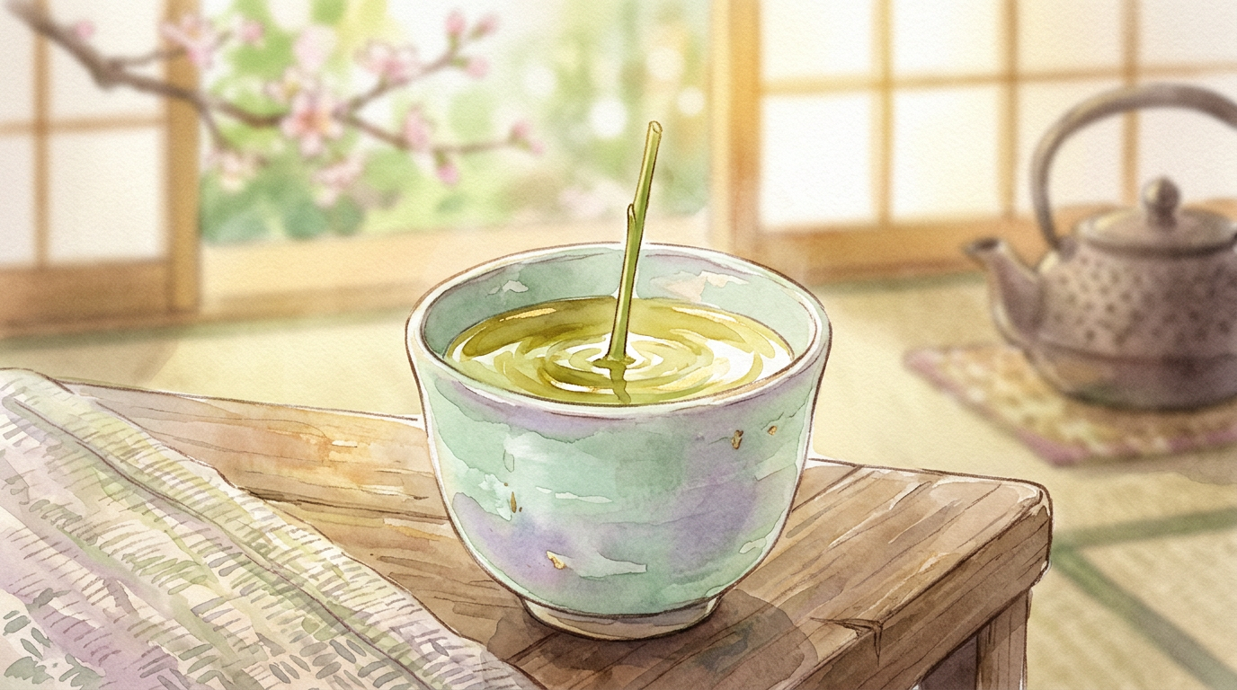 湯呑みの中で一本の茶柱がすっと立っているイラスト。温かみのある和の雰囲気