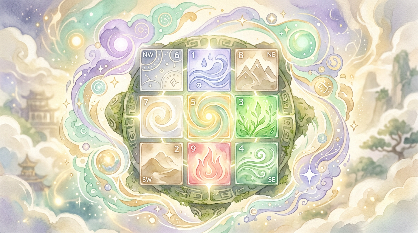 九星の配置の元となった洛書の魔方陣のイメージ図。九星気学の基礎は中国の洛書に由来する(洛書の魔方陣と九星より)。