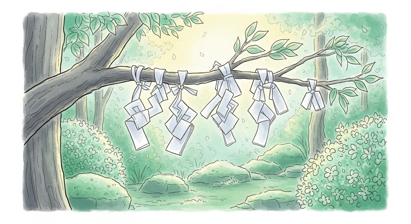 神社の境内で木の枝に結ばれた白いおみくじのイラスト。現代に続くおみくじ文化の象徴。