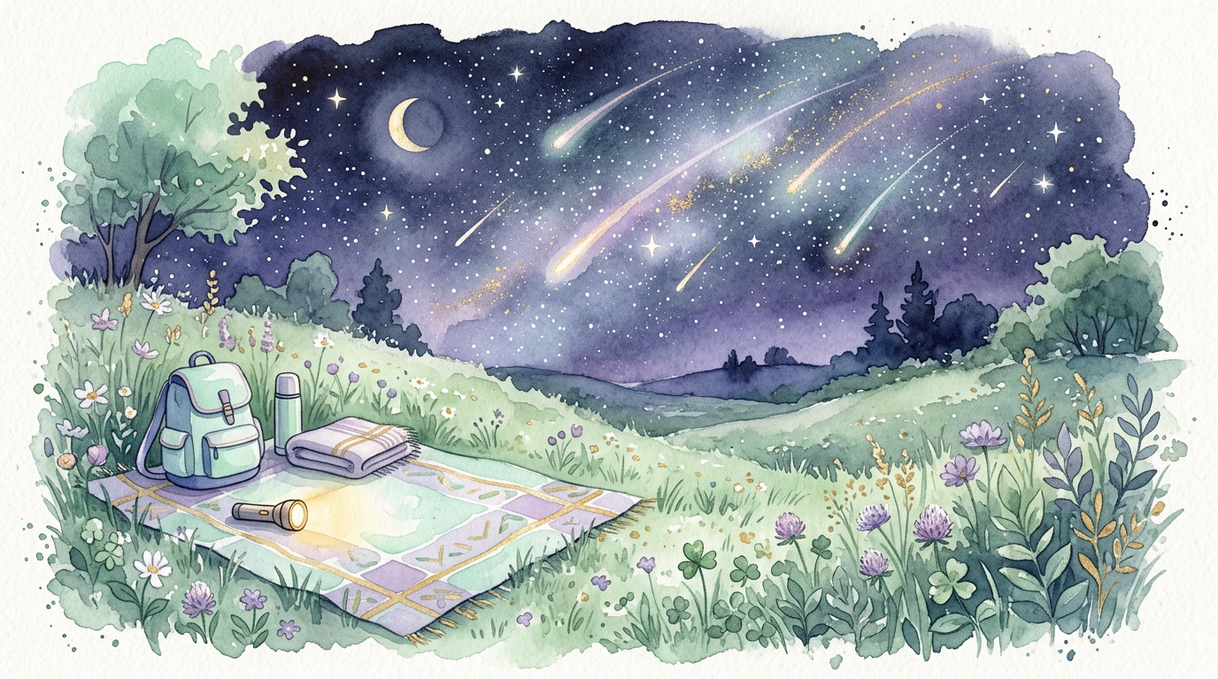 夏の夜に寝転がって流星群を観察するイメージ。レジャーシートと懐中電灯が置かれた野原のイラスト。