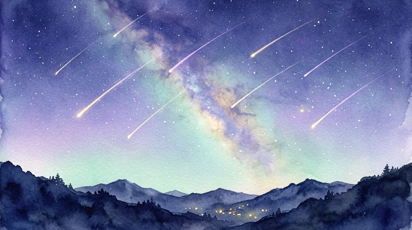 夏の夜空に複数の流星が流れるイラスト。暗い山の稜線のシルエットと、青紫のグラデーションの空に光の筋が走っている