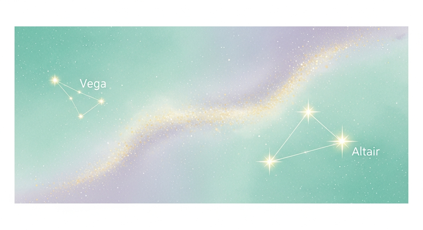 天の川をはさむ織姫星（ベガ）と彦星（アルタイル）。実在の恒星として夏の大三角を形成している（出典：ベガ・アルタイル資料）。