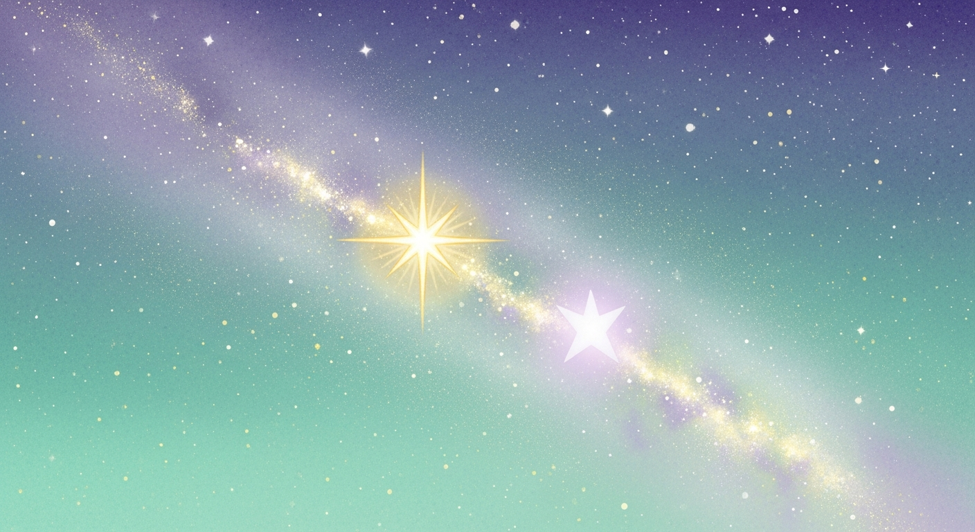 夏の夜空に輝く二つの星が天の川をはさんで向かい合うイラスト。藍色のグラデーションの空に星が散りばめられている