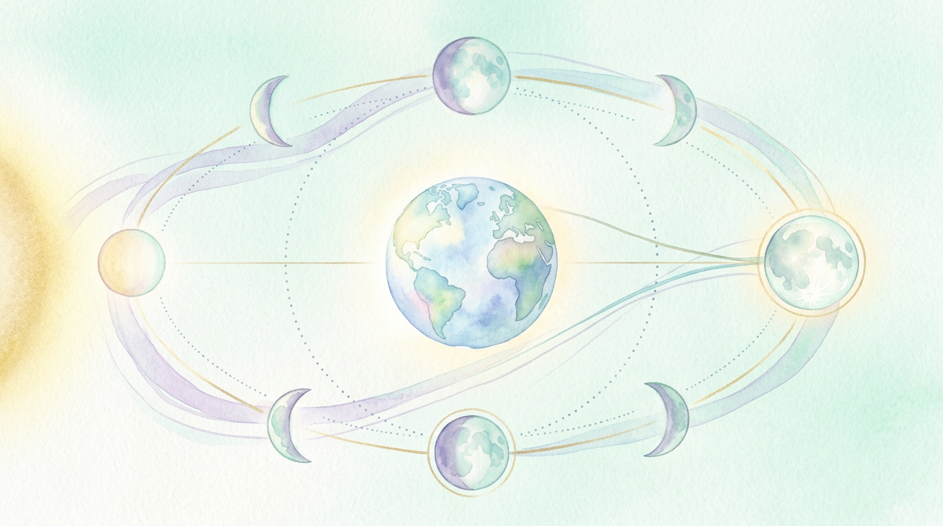 Diagrama ilustrativo das fases da Lua e sua posição em relação à Terra — a combinação de perigeu e lua cheia em janeiro de 1912 está no centro da análise astronômica de Olson, Doescher e Sinnott.