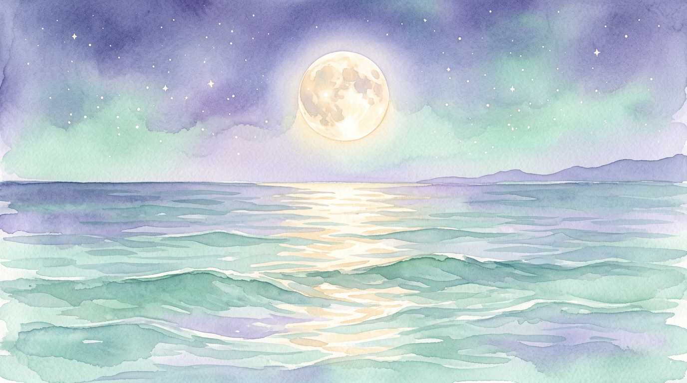 Ilustração de lua cheia sobre o oceano aberto — a mecânica das marés lunares está no centro da hipótese de Olson, Doescher e Sinnott publicada na Sky & Telescope em 2012.