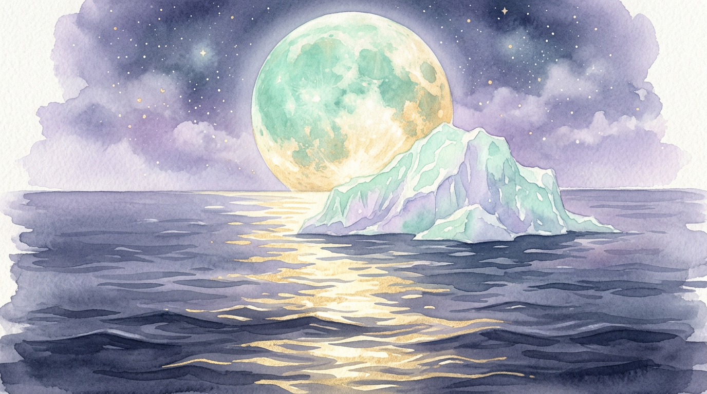 Ilustração de um iceberg à deriva sob uma lua cheia enorme em céu estrelado, com reflexo dourado na água escura do oceano