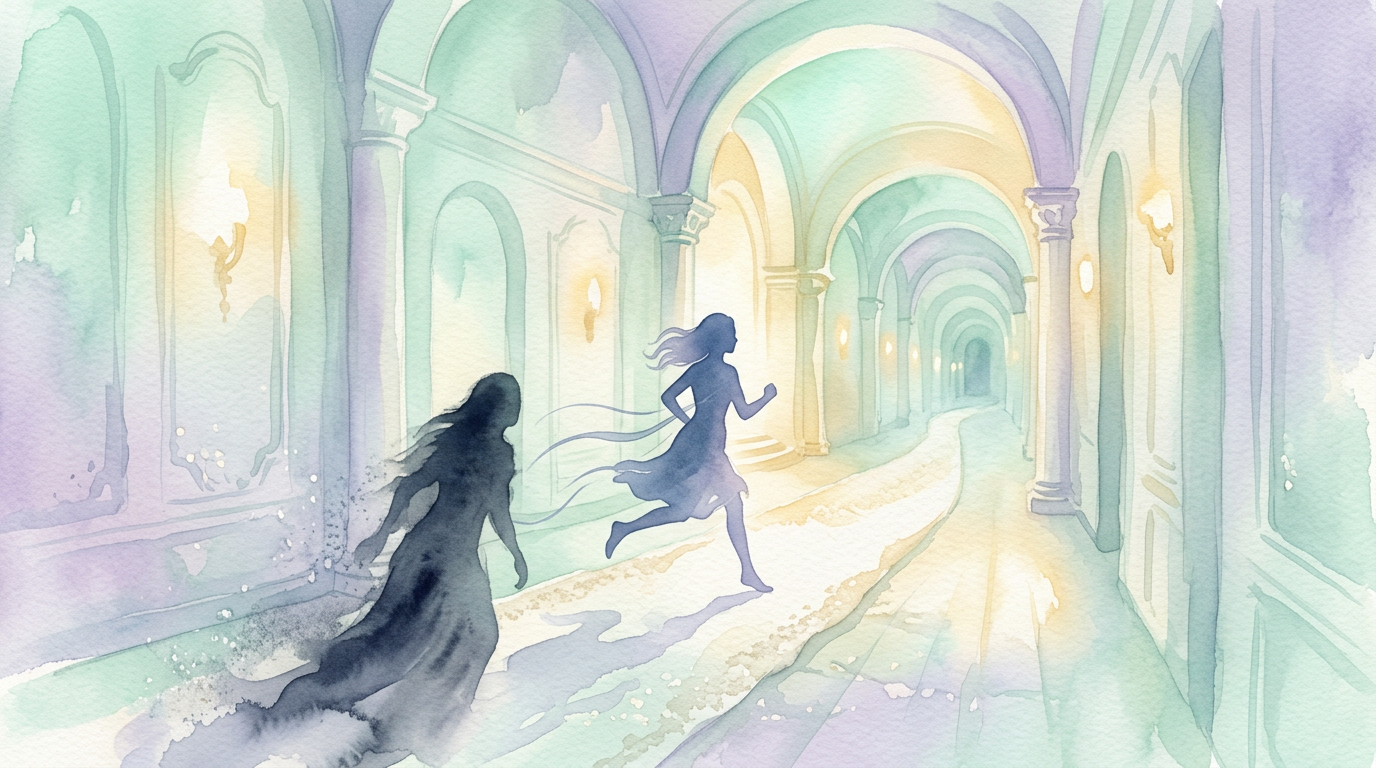 Silhueta correndo de uma sombra em corredor sem fim, ilustração em aquarela azul e roxo.