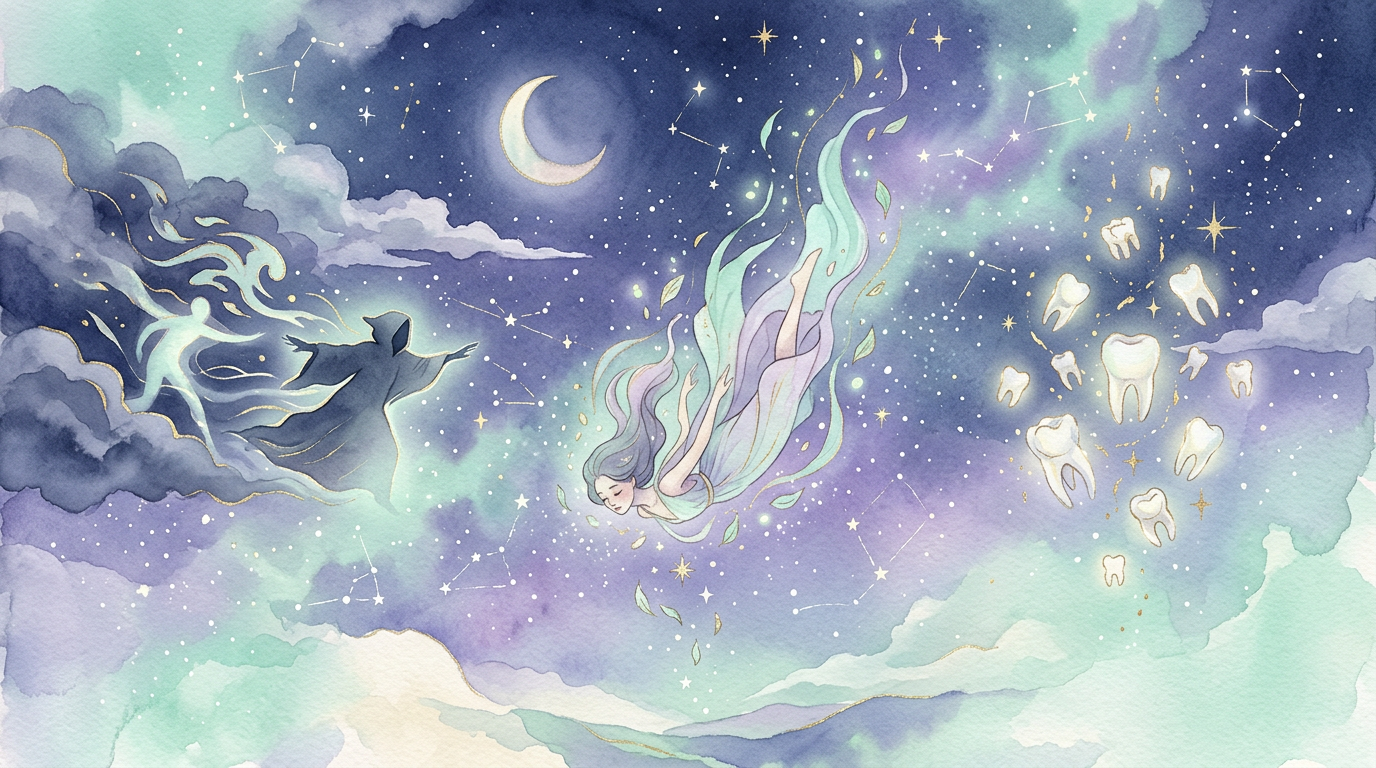 Ilustração de símbolos oníricos recorrentes — queda, perseguição, dentes — flutuando em céu noturno estrelado.