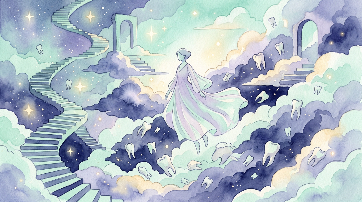 Ilustração onírica de uma figura flutuando entre nuvens, dentes, sombras e escadas, em tons de azul-índigo e lilás suave
