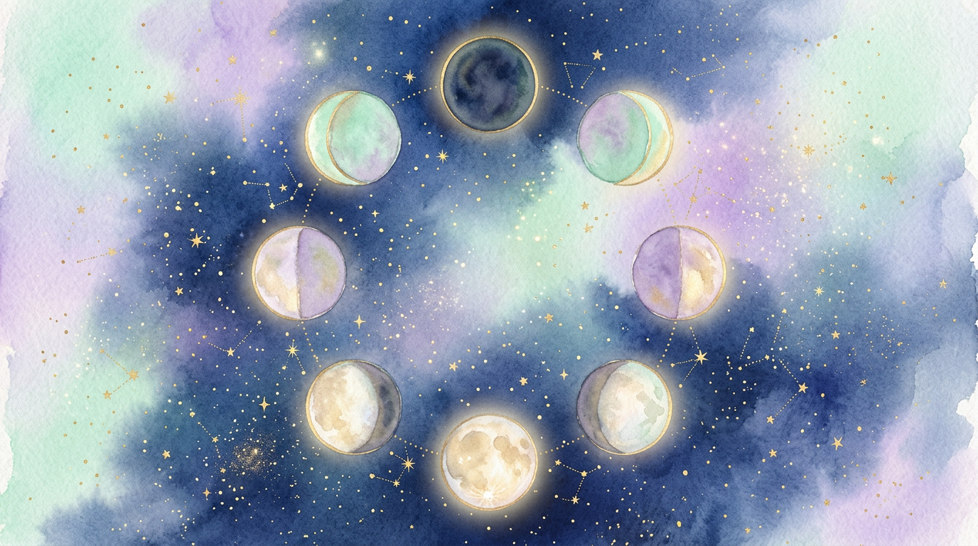Ilustração suave mostrando as oito fases da lua dispostas em círculo sobre um fundo de céu noturno estrelado em tons de azul profundo e dourado
