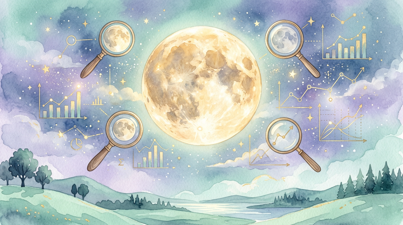 Ilustração de lua cheia com ícones de gráficos e lupas ao redor, representando a revisão científica descrita por Rotton e Kelly (1985).