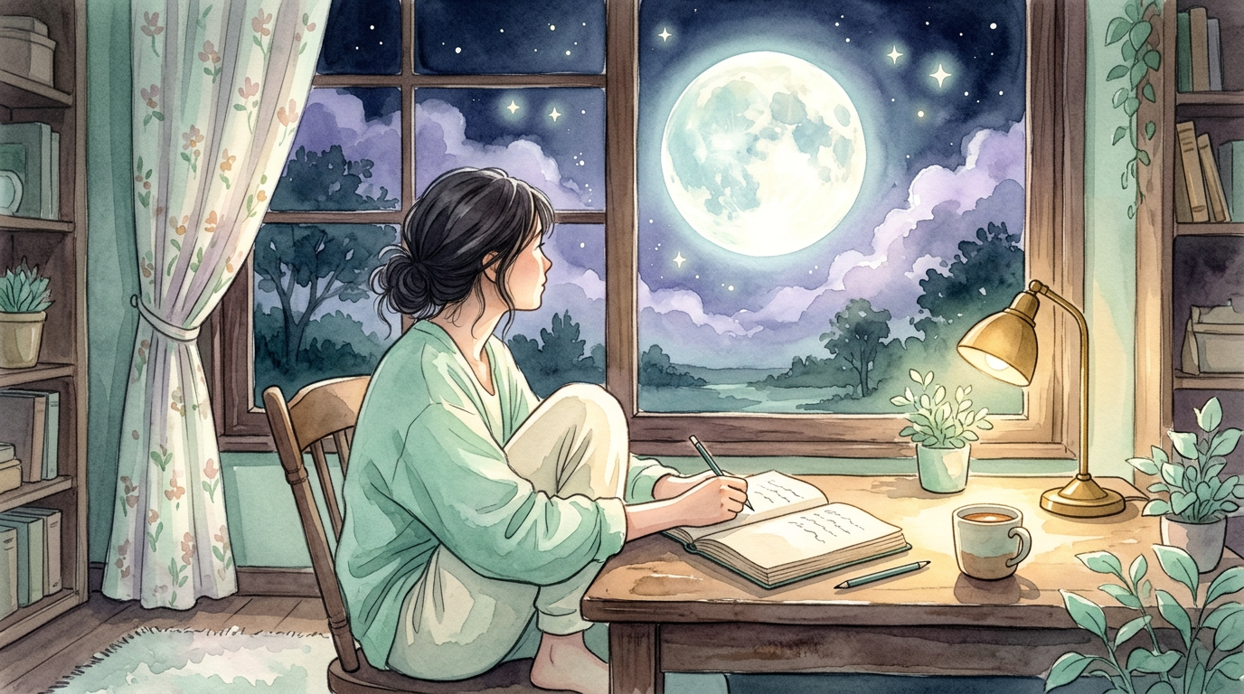 Ilustração de pessoa olhando pela janela para uma lua cheia enquanto anota em um caderno, simbolizando como prestamos mais atenção a eventos incomuns em noites de lua cheia.