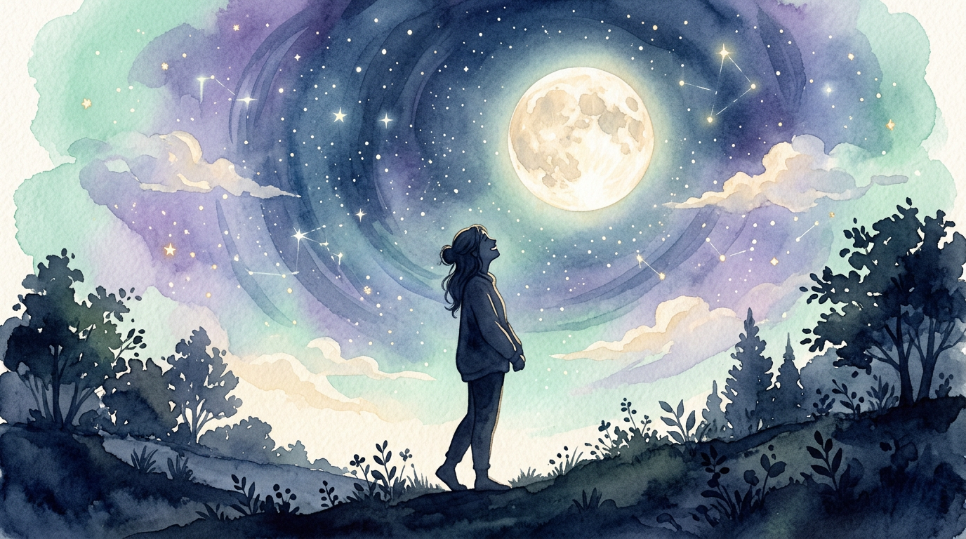 Ilustração de uma lua cheia brilhante no céu noturno, cercada por estrelas, com uma silhueta de pessoa olhando para o alto com expressão curiosa e bem-humorada