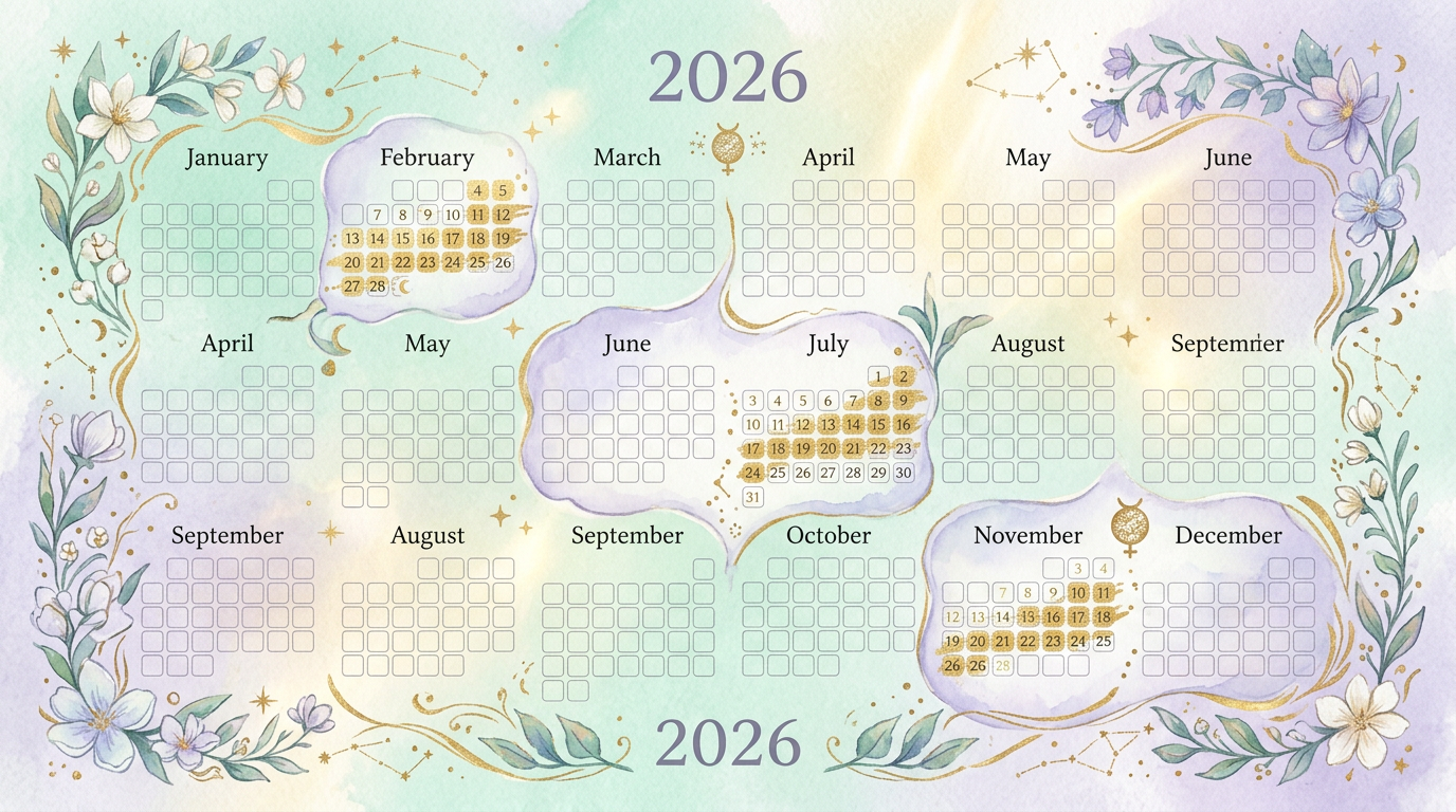 Calendário estilizado marcando as três janelas de Mercúrio retrógrado em 2026, conforme a Encyclopaedia Britannica.