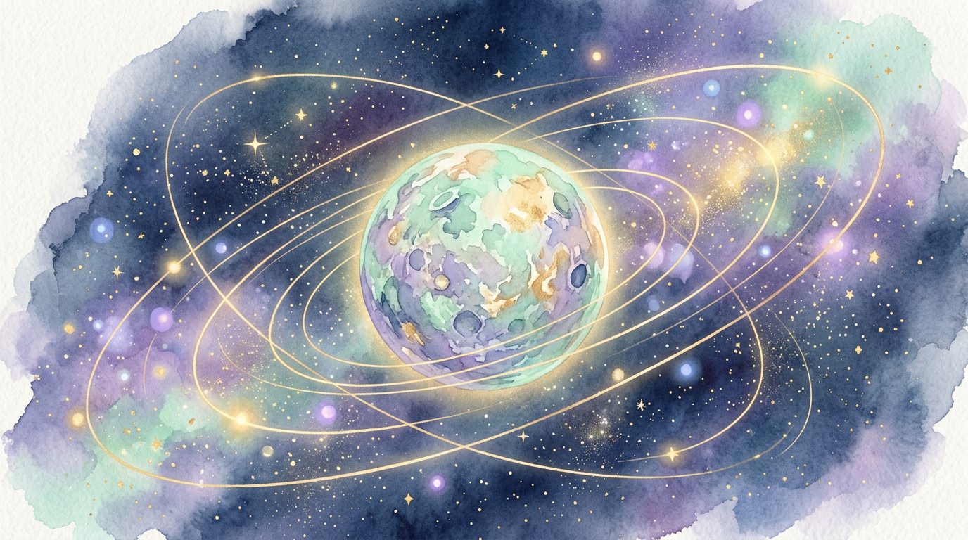 Ilustração estilizada do planeta Mercúrio com órbitas desenhadas ao redor, fundo estrelado em tons de azul-marinho e dourado, sem texto