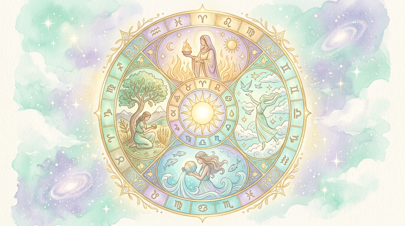 Roda dos quatro elementos da astrologia clássica, baseada nas qualidades descritas por Ptolomeu no Tetrabiblos (século II d.C.).