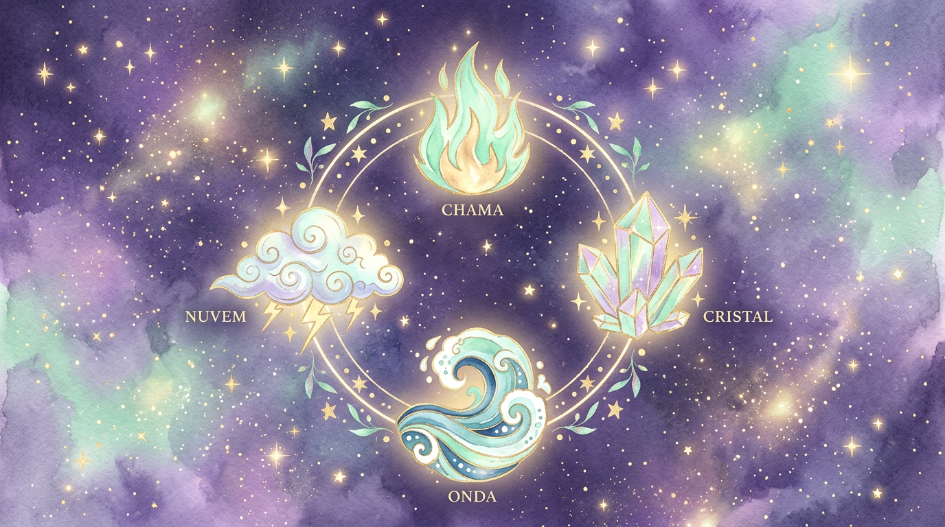 Ilustração de quatro símbolos dos elementos — chama, cristal, nuvem e onda — dispostos em círculo sobre fundo estrelado em tons de roxo e dourado