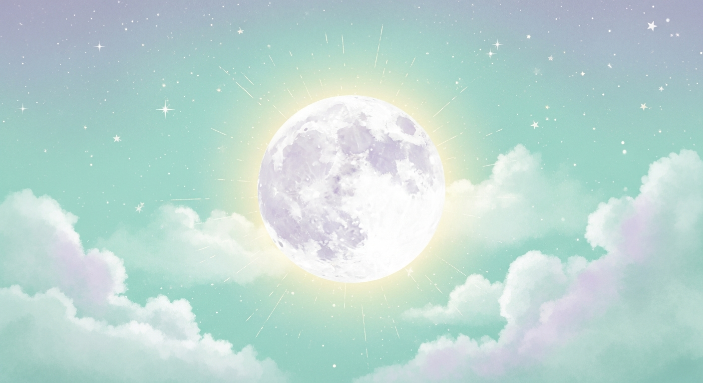 Ilustração suave de uma lua cheia brilhando sobre um céu noturno estrelado, com nuvens delicadas ao redor