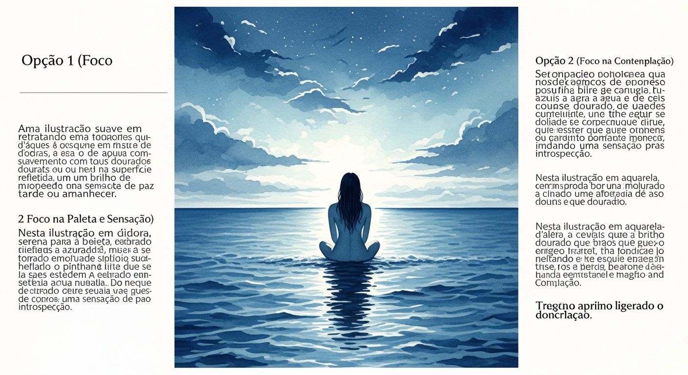 Ilustração de uma pessoa sentada à beira d'água em postura contemplativa, em paleta suave de azul e dourado, evocando reflexão pessoal.