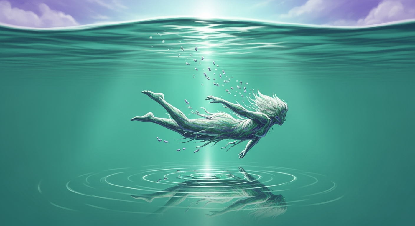 Ilustração onírica de uma figura flutuando sobre uma superfície de água calma sob um céu estrelado, em tons de azul e índigo