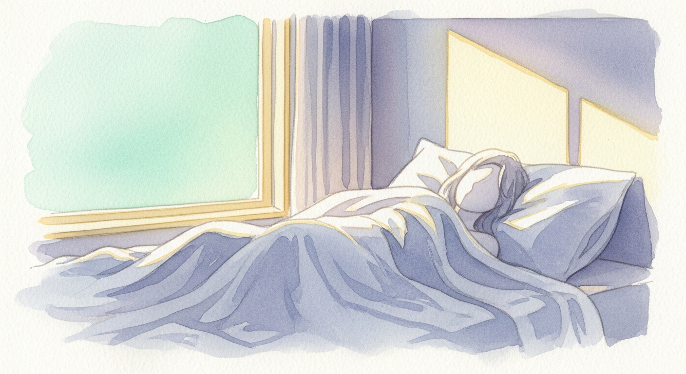 Pessoa acordando de um sonho intenso, luz suave de madrugada, expressão de alívio ao perceber que foi só um sonho.