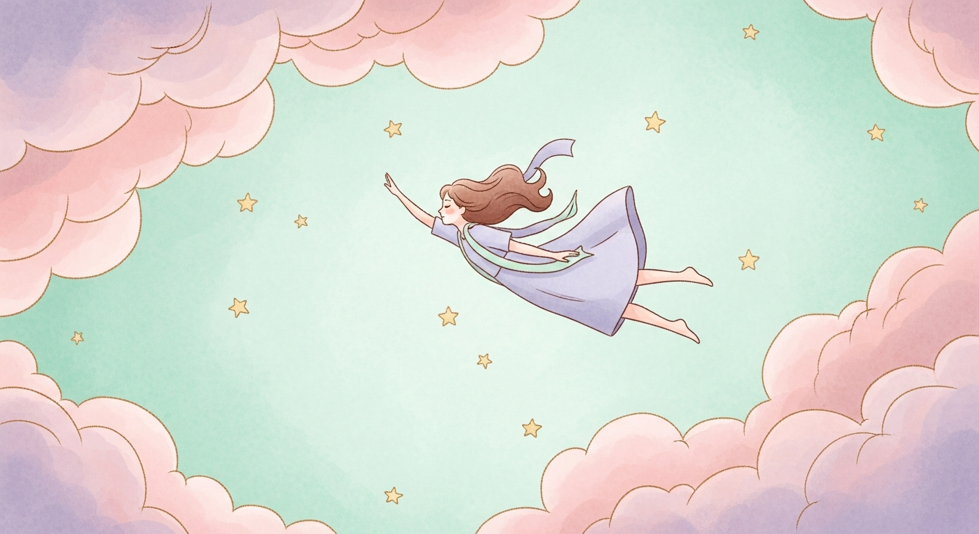 Ilustração etérea de uma figura feminina flutuando em queda livre entre nuvens roxas e estrelas douradas, com expressão serena