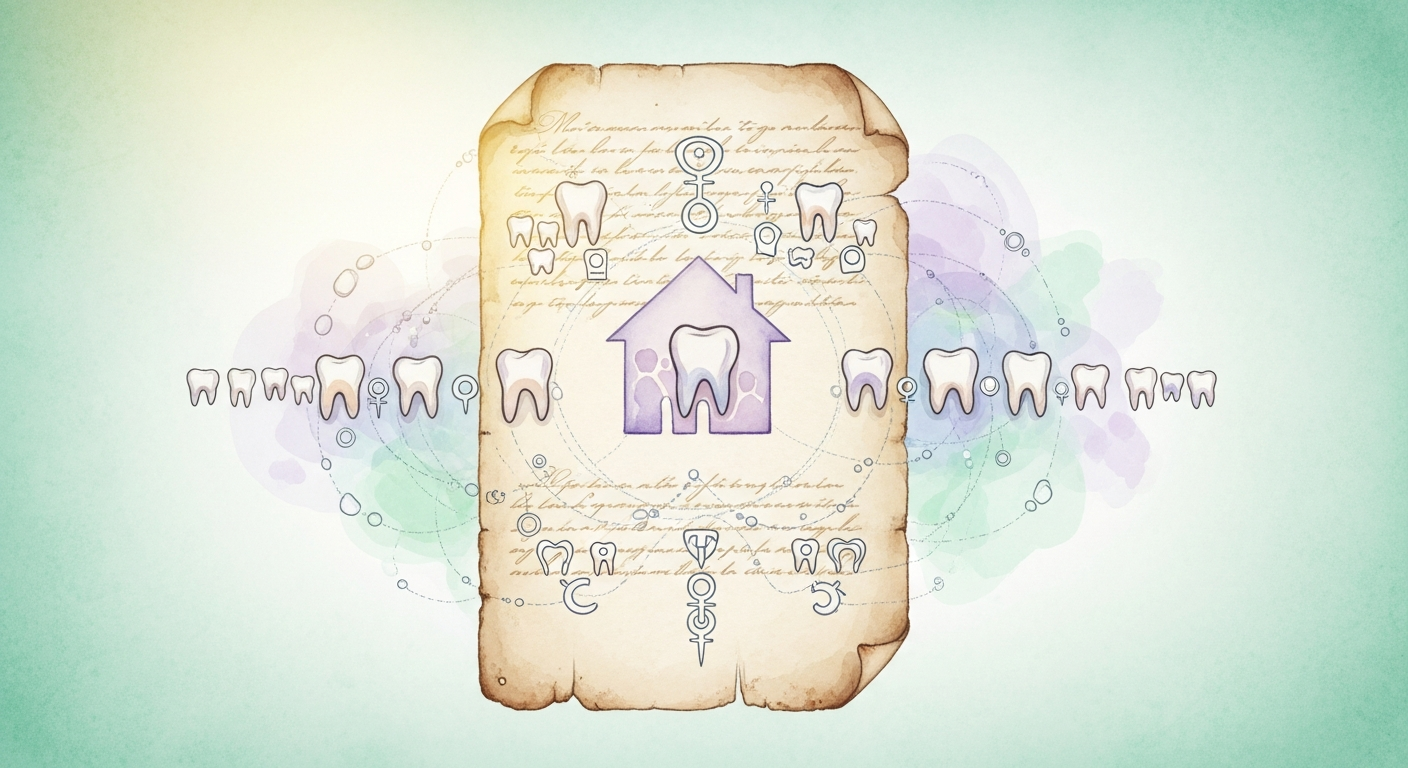 Evocação visual de um manuscrito antigo com símbolos oníricos — Artemidoro de Daldis escreveu o Oneirocrítica no século II d.C., associando dentes nos sonhos à casa e aos próximos do sonhador.