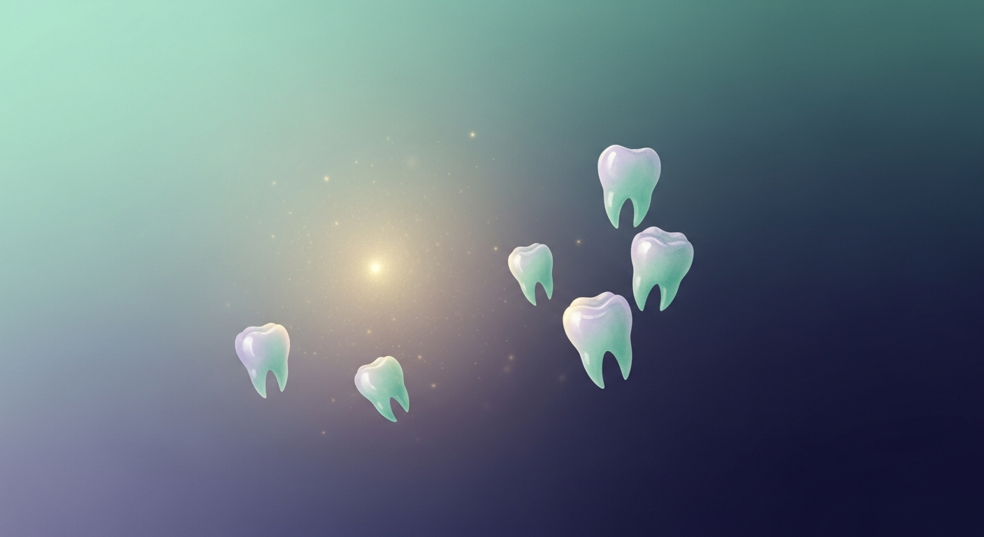 Ilustração onírica de dentes flutuando no escuro — a queda de dentes é um dos temas mais documentados em pesquisas sobre sonhos típicos, segundo Michael Schredl.