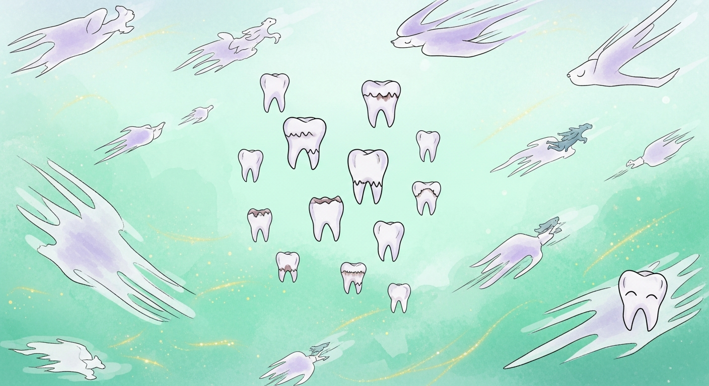 Representação visual de gráficos e anotações sobre padrões de sonho — pesquisas de Michael Schredl documentam a queda de dentes entre os temas mais frequentes nos chamados sonhos típicos.
