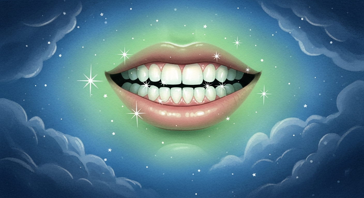 Ilustração etérea de uma boca aberta com dentes flutuando no ar como estrelas, fundo azul-noite com textura de sonho