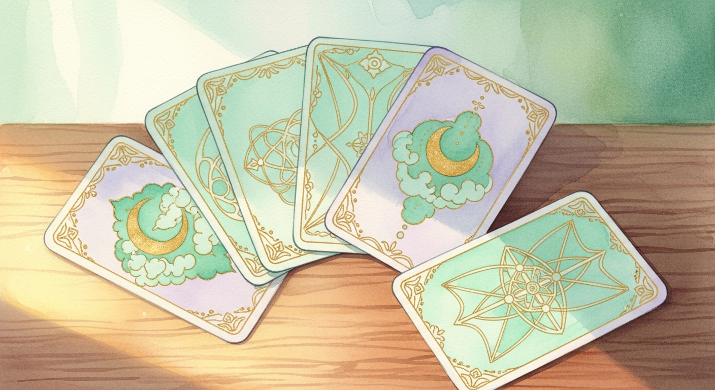 Ilustração estilizada de cartas de tarô antigas dispostas em leque sobre uma mesa de madeira, com detalhes ornamentais em azul e dourado, sem texto visível